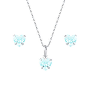 Conjunto de Coração Azul em Zircônia Prata 925